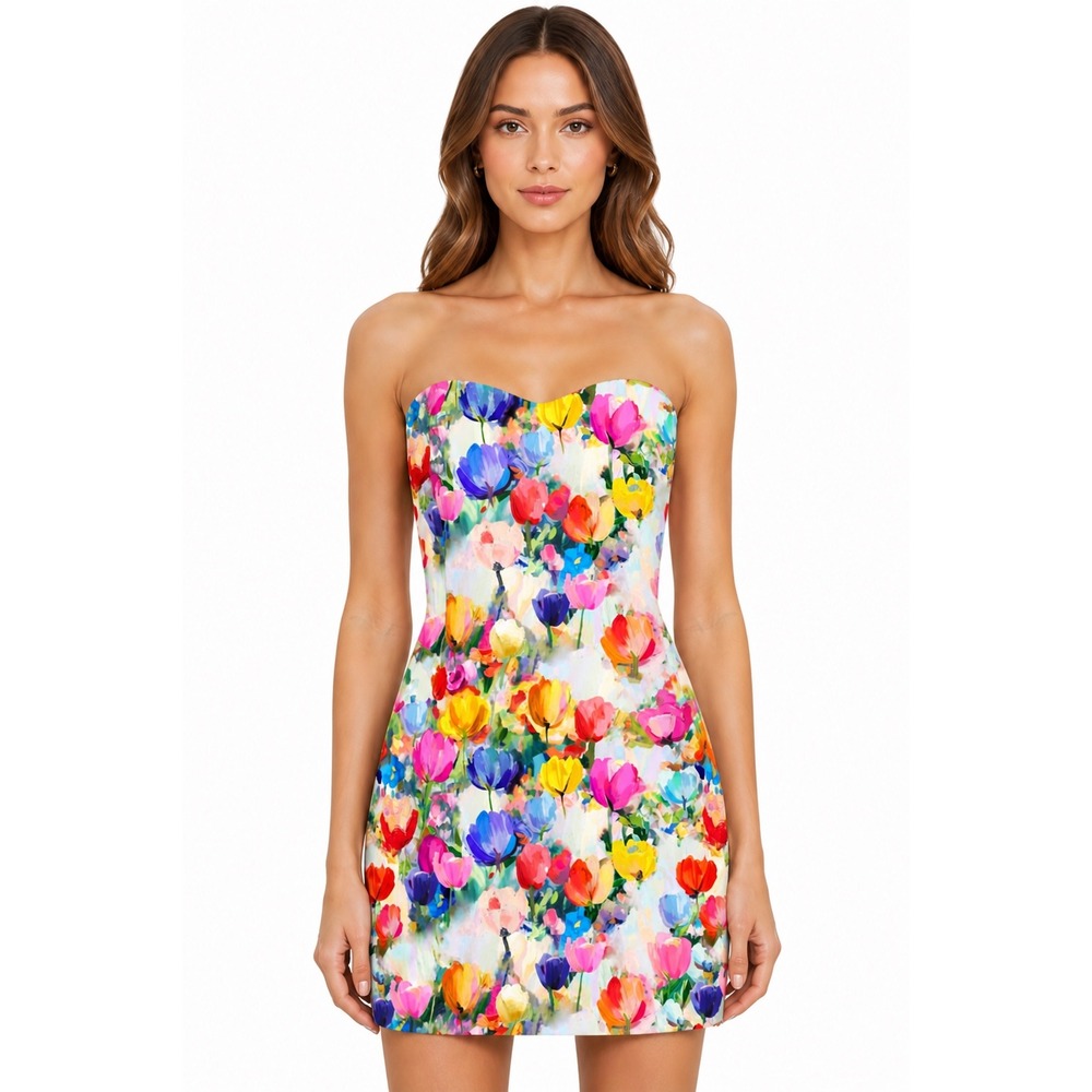 Colorful Tulip Print Strapless Sweetheart Mini Dress Floral Cocktail Party Large